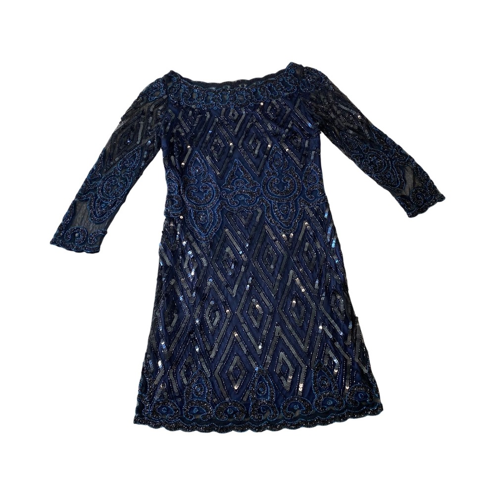 Pisarro Nights Dress Size 6 Blue Beaded Sequined Cocktail Party‎ Evening Dress